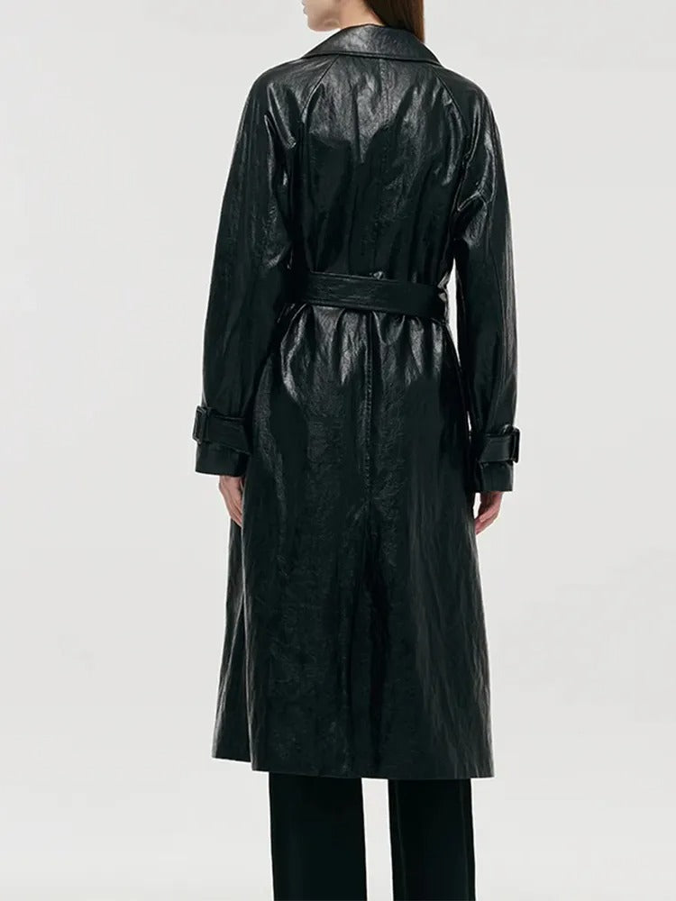 PU Leather Women Long Trench Coat